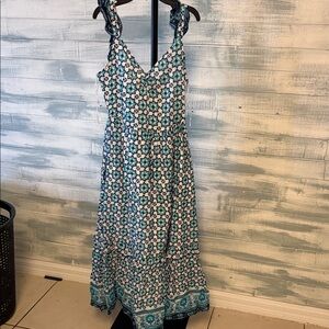 Lucky Brand Boho Floral Maxi Dress Women Blue Green Ruffle Strap NWT